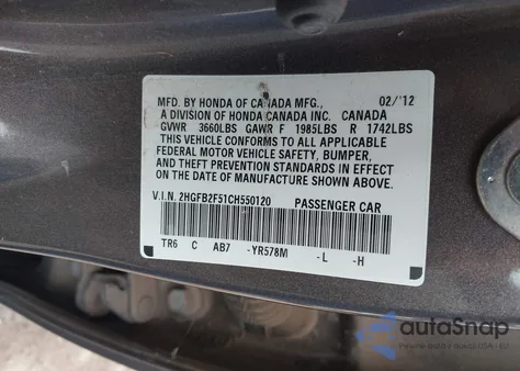 2012 Honda Civic Lx from USA, damaged, VIN 2HGFB2F51CH550120
